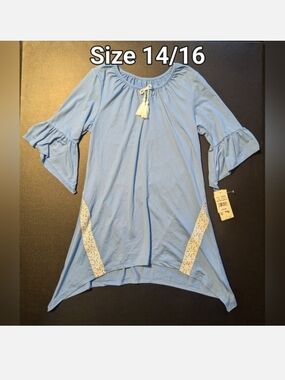 Girls' Light Blue Tassel Tunic Top with Lace Inset